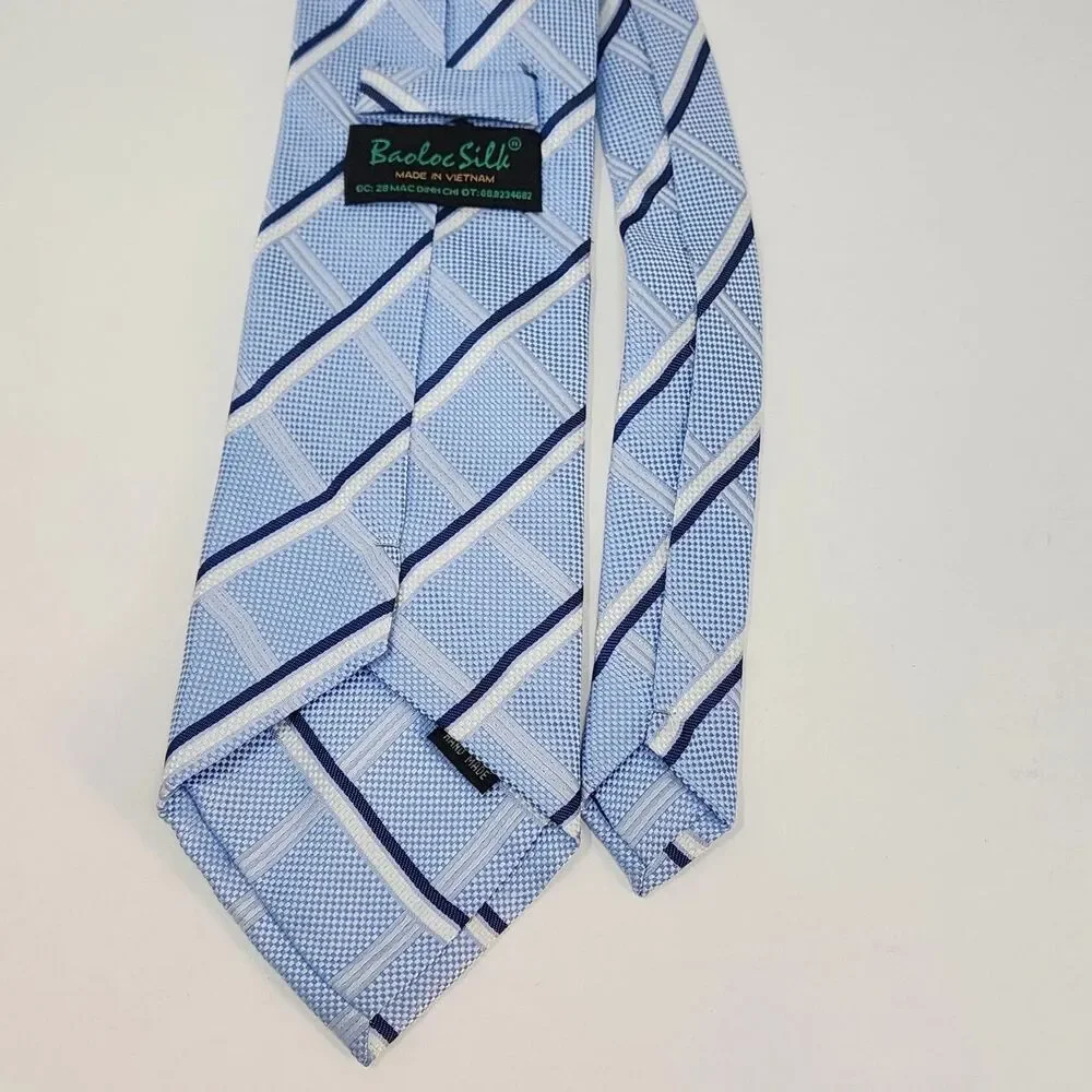 Baoloc Silk Tie Mens One Size Light Blue Navy Stripe 100% Silk Handmade Necktie